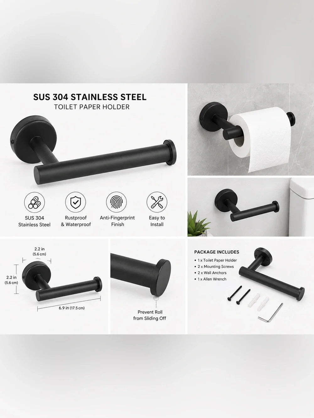 Matte Black Stainless Steel Toilet Paper Holder Wall Mount Bathroom